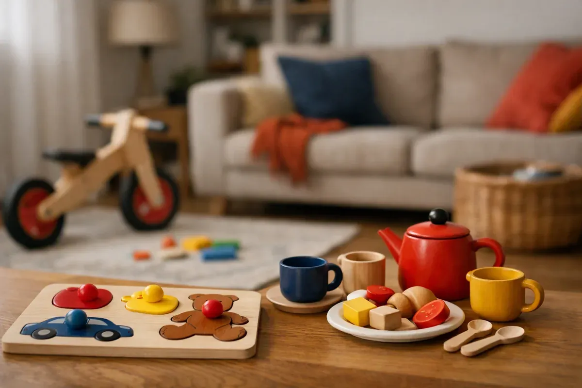 Draisienne, puzzle à gros boutons et dînette en bois posés sur un tapis de jeu dans un salon familial