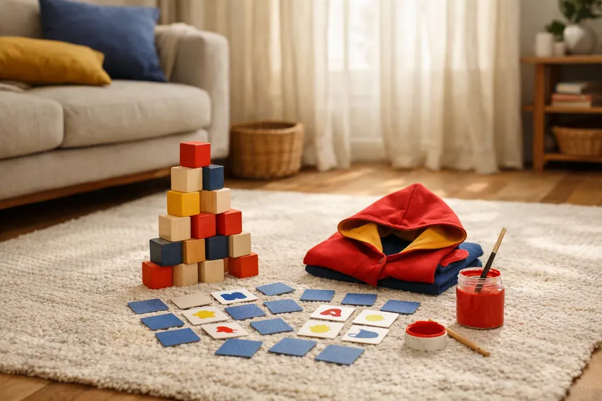 Cubes en bois, cape de déguisement, jeu de memory et pot de peinture posés sur un tapis de salon familial.