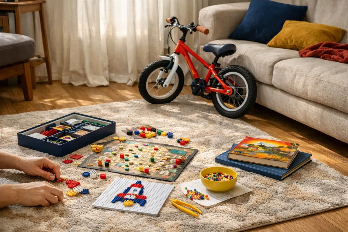 Jeu de société, kit de perles à repasser, petit vélo et livres illustrés posés sur un tapis de salon.