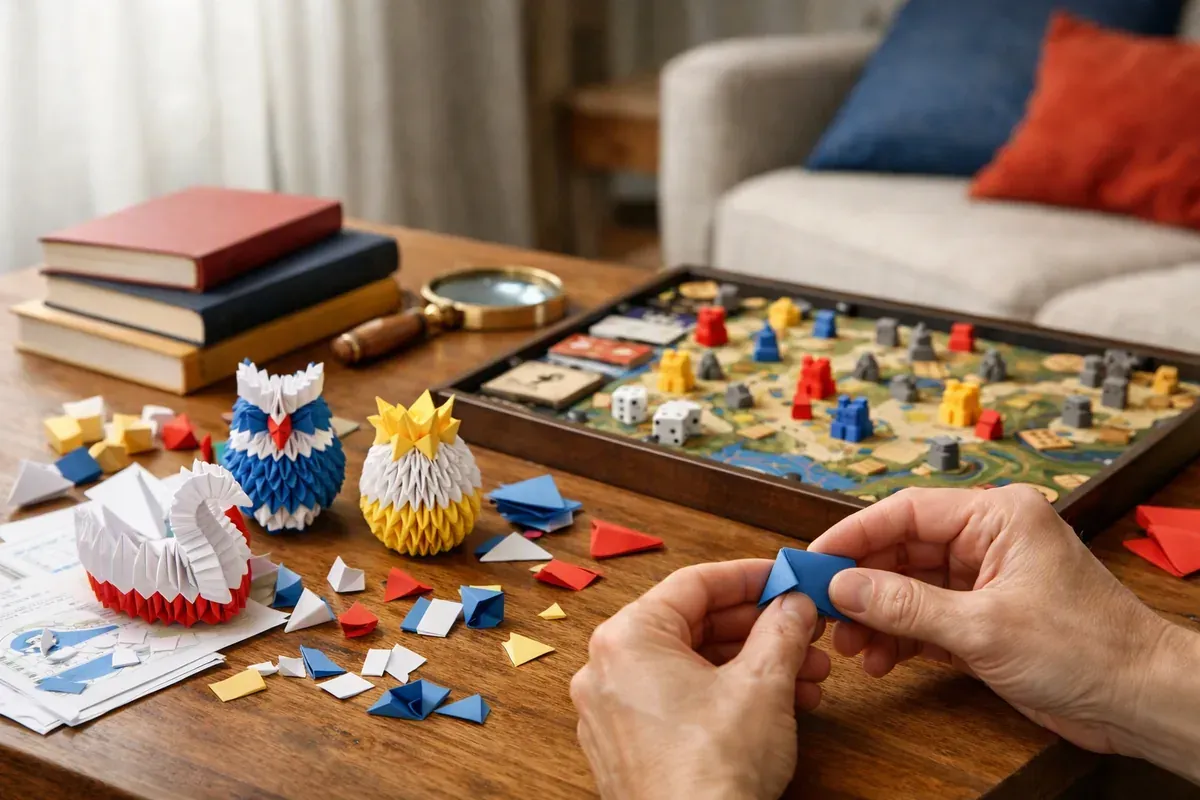Kit d'origami 3D, jeu de stratégie, livres et loupe disposés sur une table pour un enfant de 7 ans