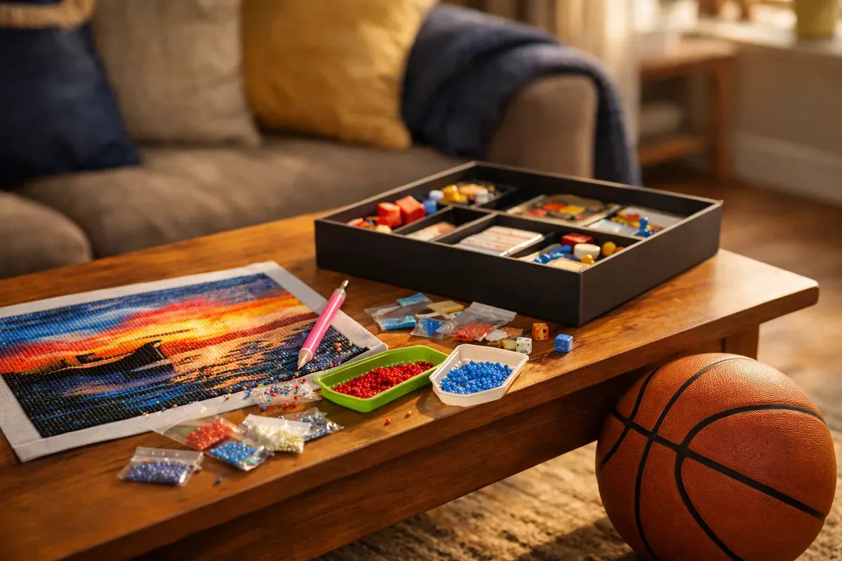 Kit de diamond painting, jeu de société et ballon de basket posés sur une table en bois