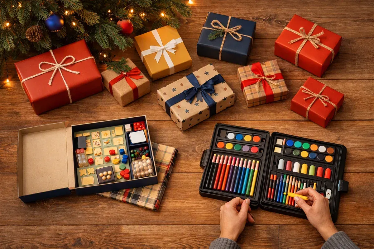 Boîtes cadeaux de tailles différentes sous un sapin, avec un kit créatif et une boîte de jeu de société ouverts à proximité