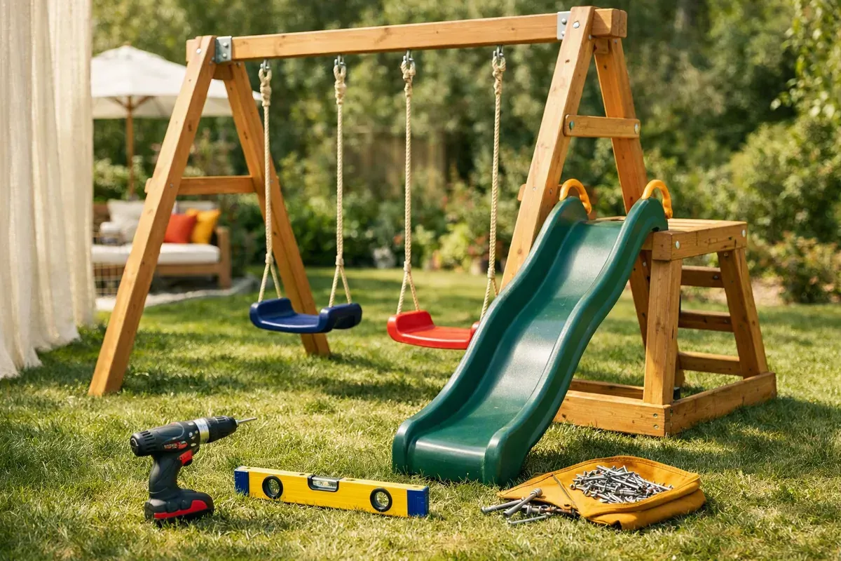 Portique en bois avec balançoires et toboggan installé sur pelouse de jardin, ancrages visibles au sol