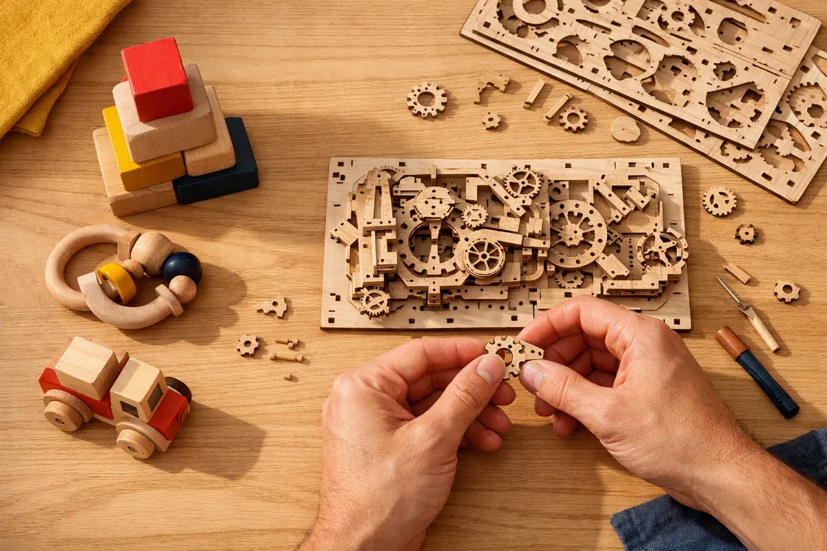 Jouets en bois massif, cubes, puzzle et petite maquette mécanique posés sur une table en bois clair.
