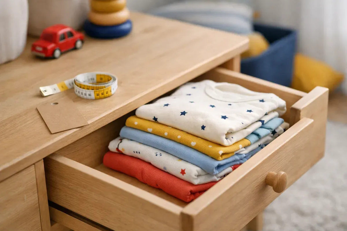 Bodies, pyjamas et gigoteuses pour bébé pliés dans un tiroir en bois, étiquettes de taille visibles.