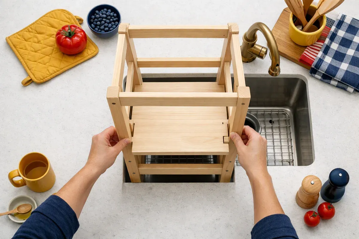 Tour Montessori en bois clair avec garde-corps posée devant un plan de travail de cuisine familiale.