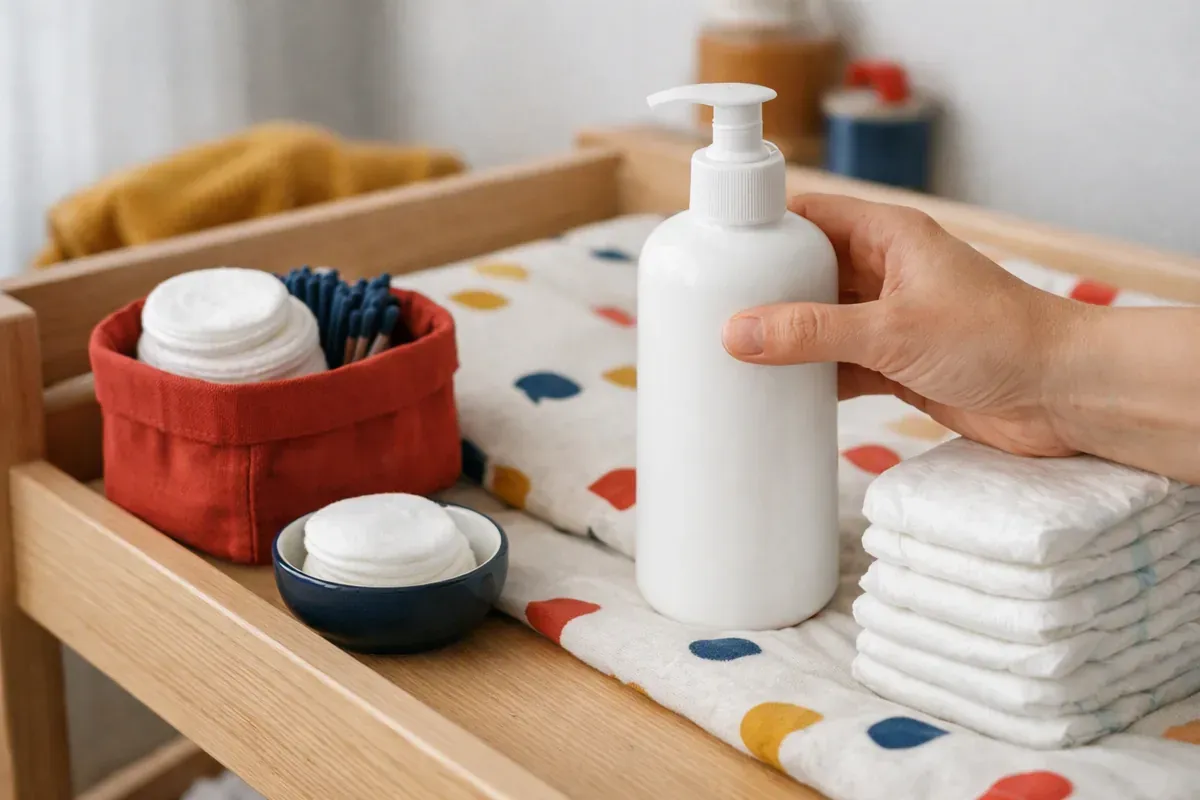 Flacon de liniment oléo-calcaire posé sur une table à langer, à côté de coton et de couches pour bébé.