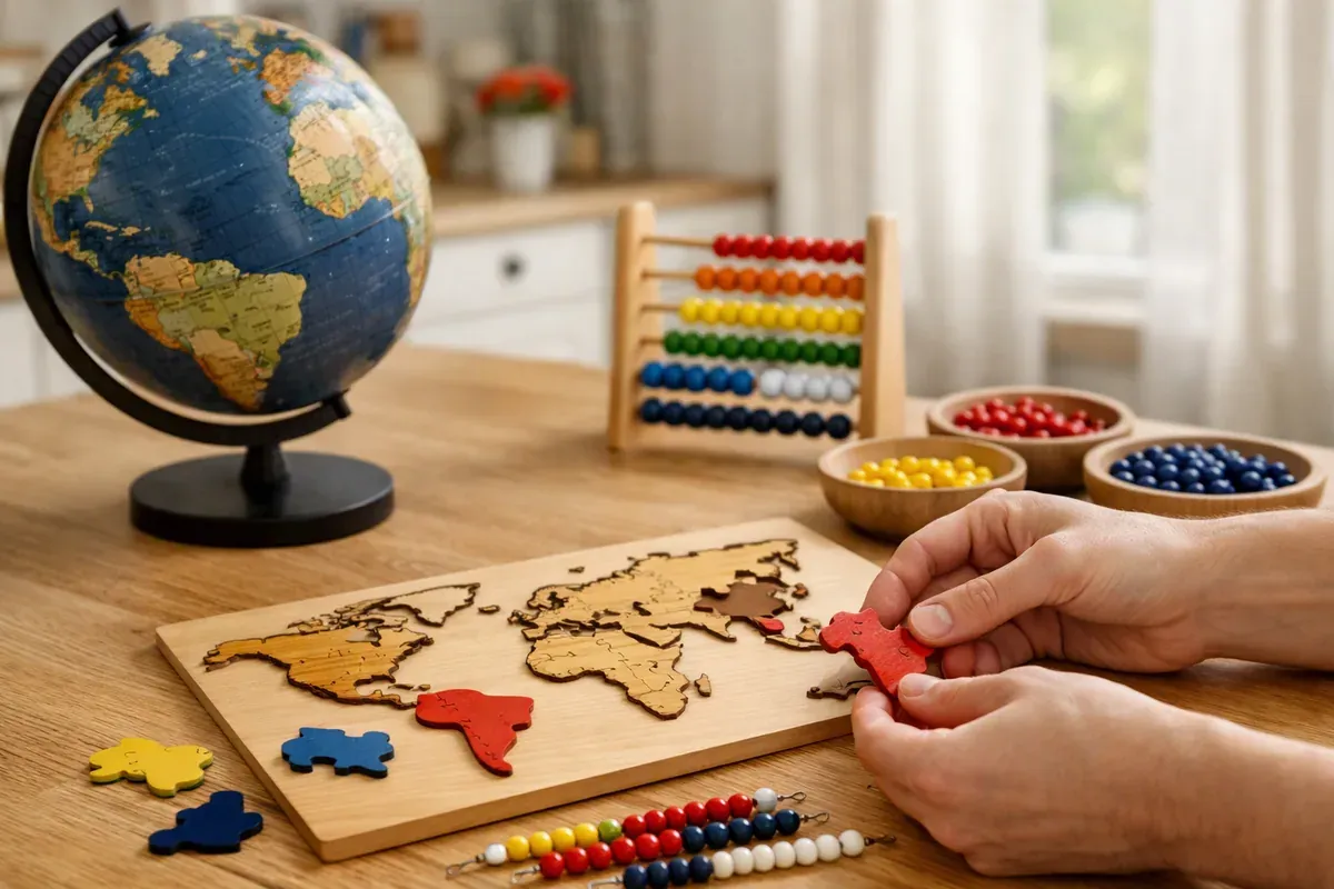 Globe terrestre, puzzle de carte du monde en bois et perles de comptage sur une table en bois clair.
