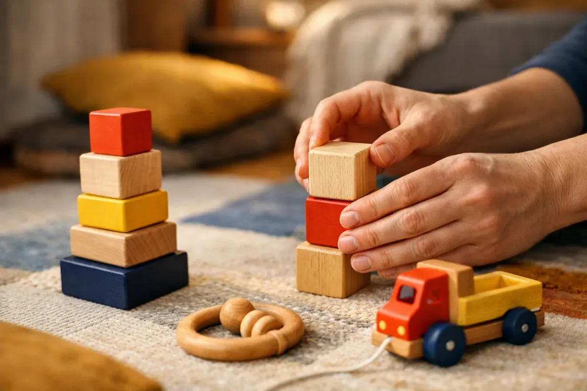 Cubes, camion et anneau de dentition en bois brut posés sur un tapis de jeu dans un salon familial