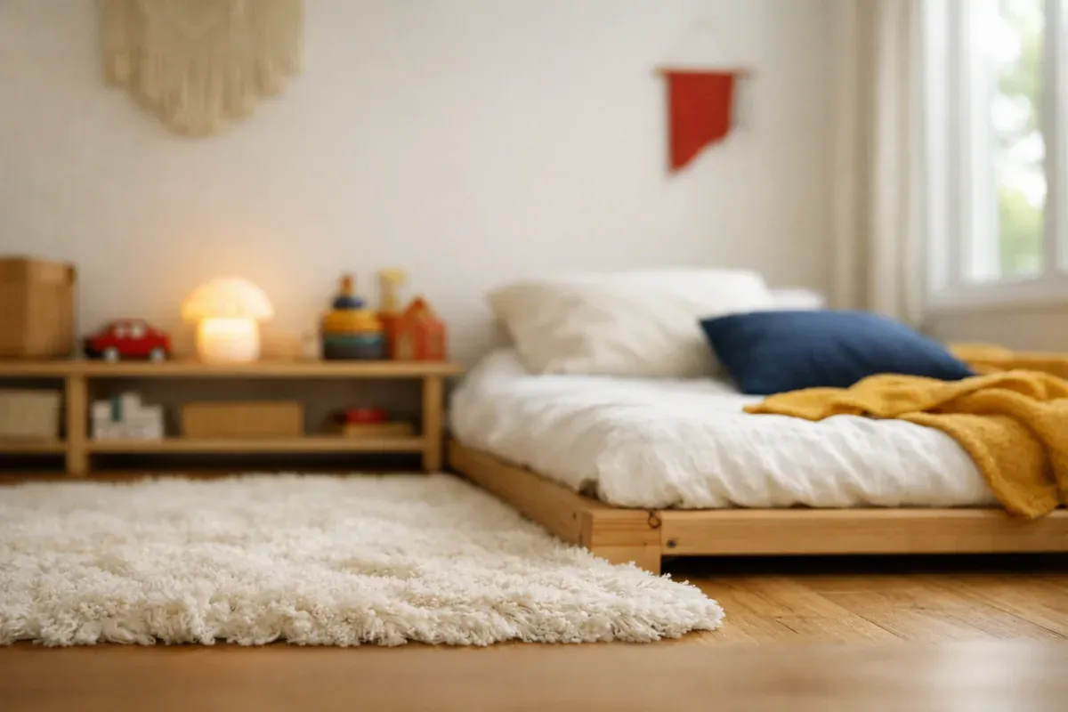 Matelas bas Montessori dans une chambre d'enfant rangée, veilleuse allumée et tapis épais tout autour