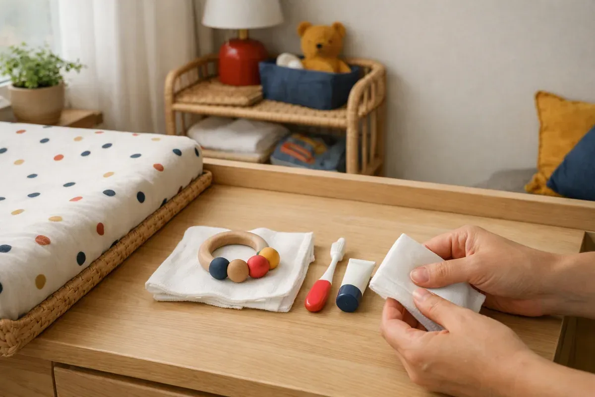 Anneau de dentition réfrigéré, brosse à dents souple et petit pot de dentifrice posés sur une table à langer