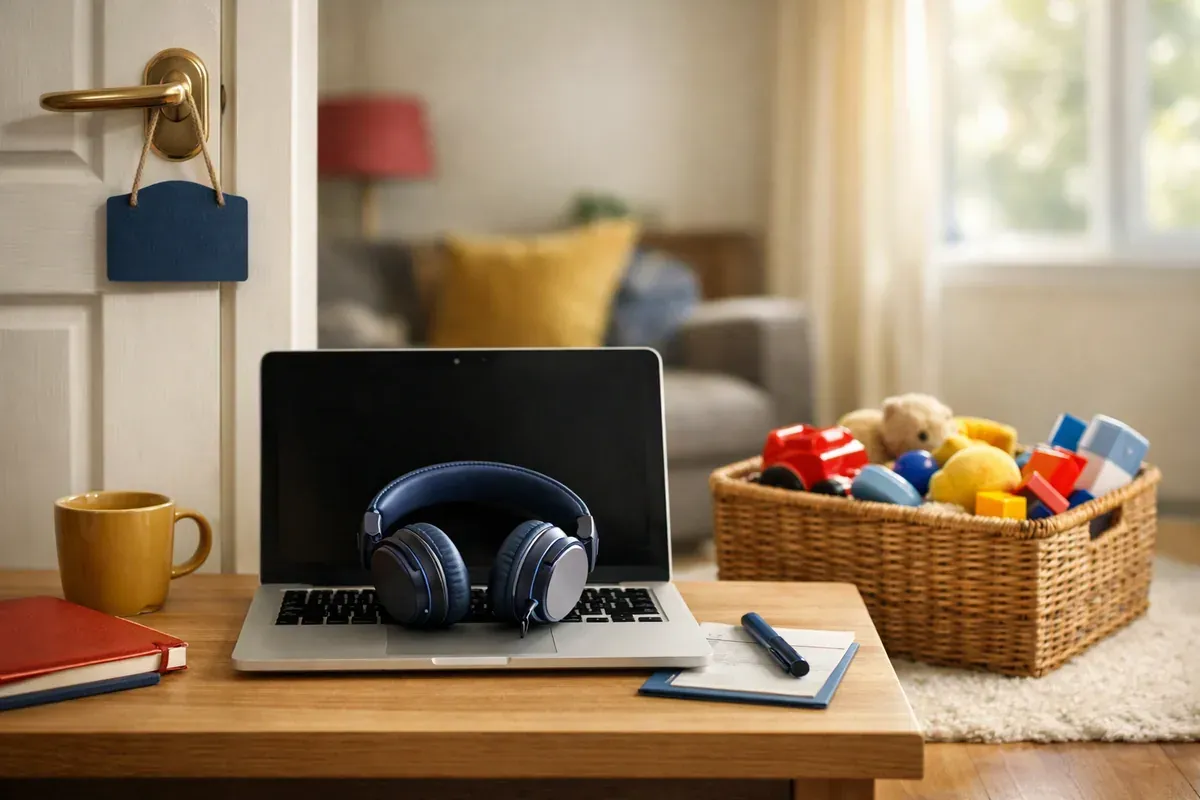 Bureau à domicile avec ordinateur portable, casque audio et pancarte de porte, jouets rangés dans un panier à proximité