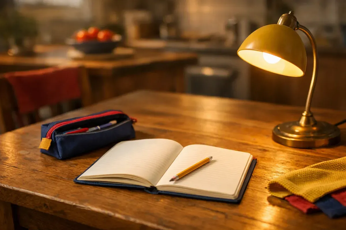Cahier ouvert, trousse et lampe allumée sur une table de cuisine dégagée, coin devoirs organisé le soir
