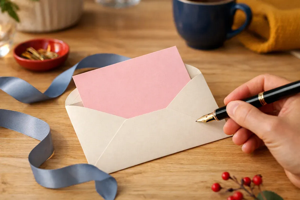 Carton de faire-part de baptême rose pastel posé sur une table en bois avec un ruban et une enveloppe