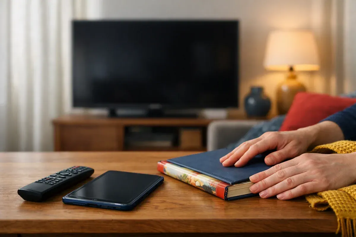 Salon familial en soirée avec télécommande et tablette posées sur une table basse, livre d'histoires à côté d'un canapé.
