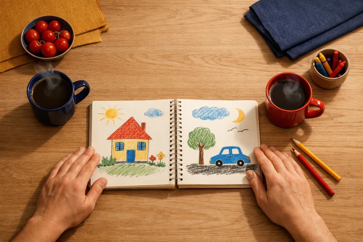 Table de cuisine en bois avec deux tasses, un cahier de dessins d'enfant ouvert et des mains d'adulte posées dessus