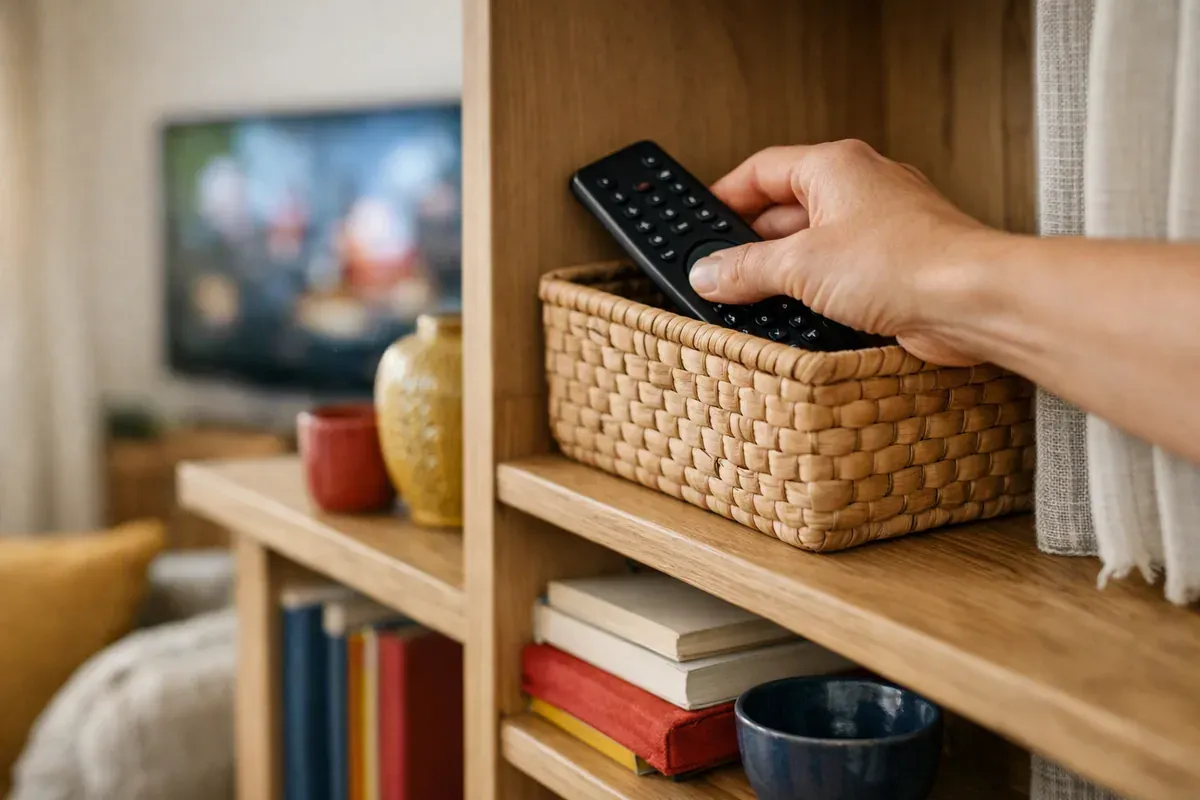 Télécommande de télévision posée en hauteur sur une étagère de salon, hors de portée d'un jeune enfant