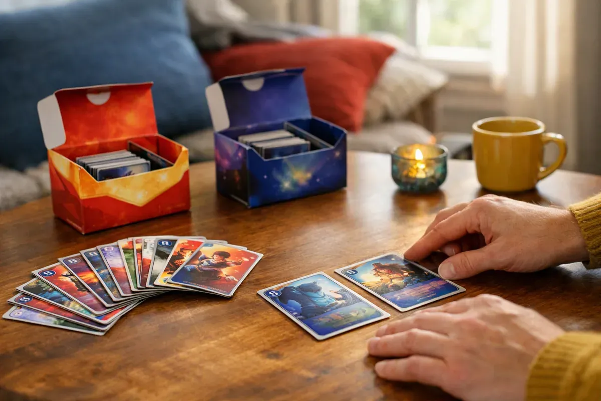 Deux decks de démarrage Disney Lorcana ouverts sur une table de salon en bois, cartes étalées.