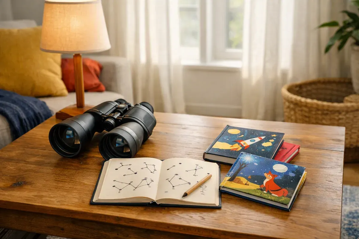 Jumelles d'observation posées sur un rebord de fenêtre avec un livre illustré et une carte du ciel étoilé.