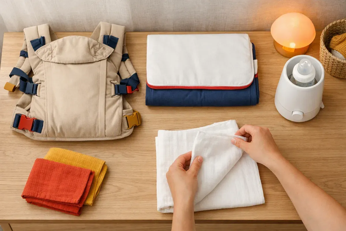 Porte-bébé préformé, tapis à langer et chauffe-biberon posés sur une commode dans une chambre de bébé.