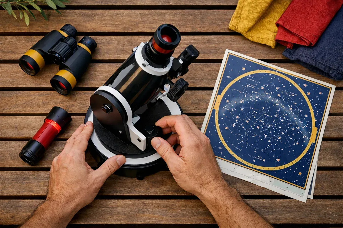 Télescope Dobson et jumelles posés sur une table de jardin en soirée, carte du ciel et lampe torche rouge à côté