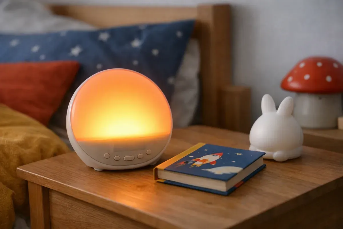 Réveil simulateur d'aube posé sur une table de nuit d'enfant, lumière orangée douce dans une chambre calme