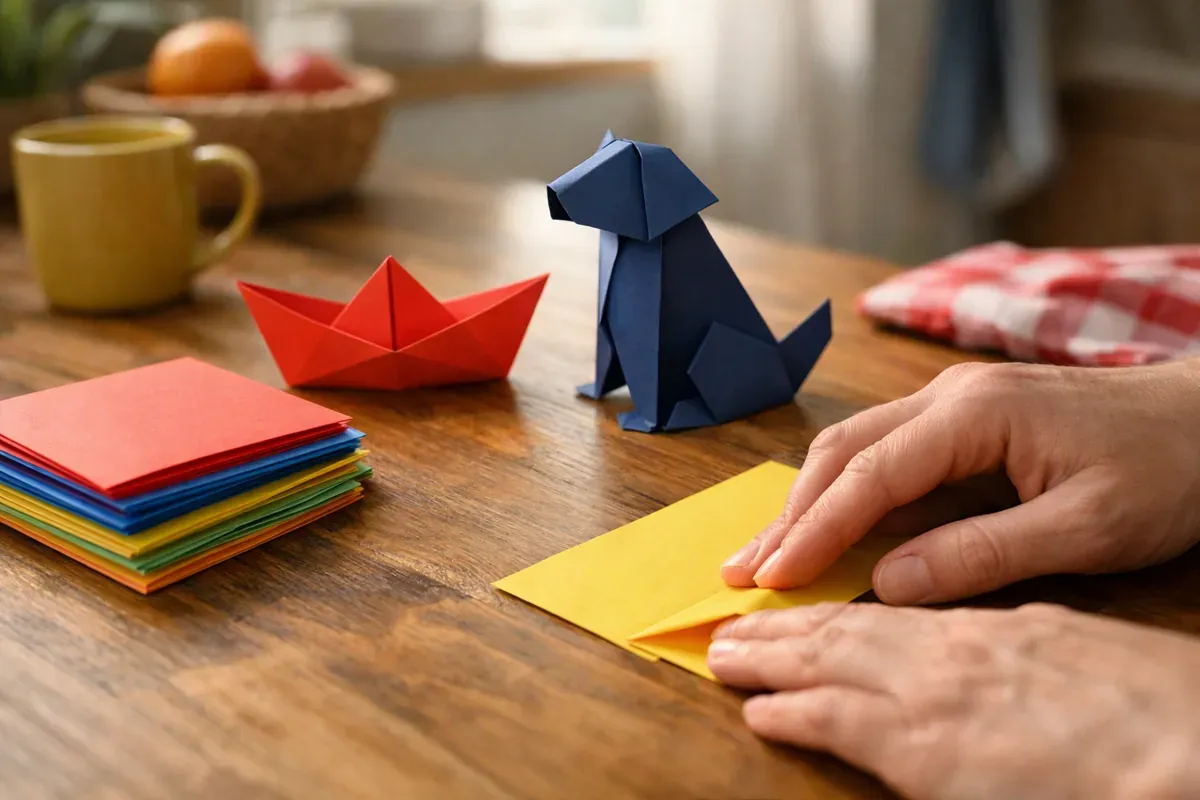 Feuilles de papier origami colorées pliées et mains d'adulte guidant un pliage sur une table en bois
