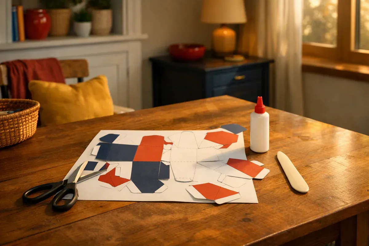 Planche de papercraft découpée posée sur une table en bois avec ciseaux, colle et plioir à côté