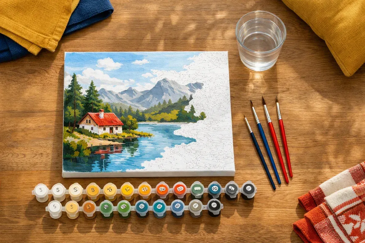 Kit de peinture par numéros ouvert sur une table en bois avec pinceaux, petits pots de peinture et toile partiellement colorée