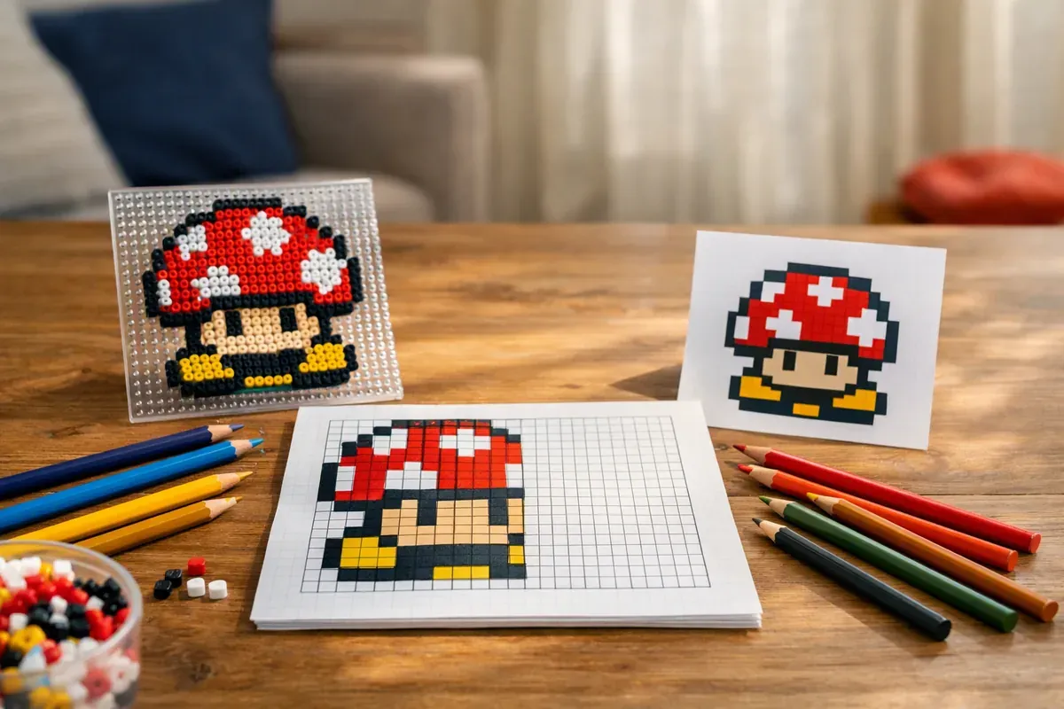 Grille de pixel art en cours de coloriage sur une table en bois, crayons de couleur et perles à repasser posés à côté