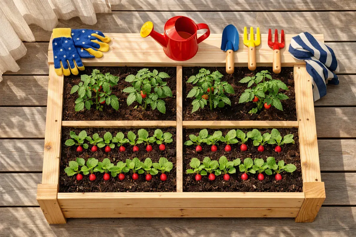 Carré potager en bois avec radis, plants de tomates cerises et fraisiers, petits outils de jardinage posés à côté
