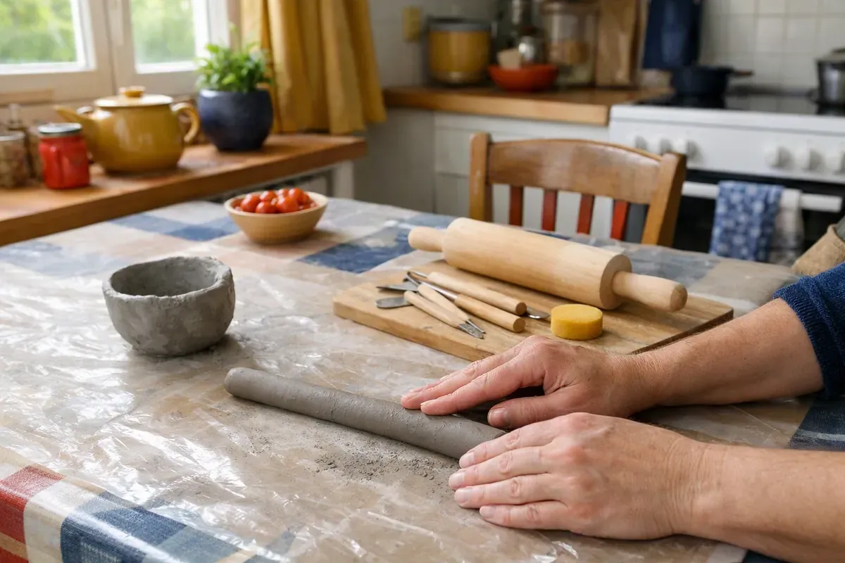 Argile grise en boules et colombins sur planche en bois, outils de modelage et bol pincé en cours de séchage