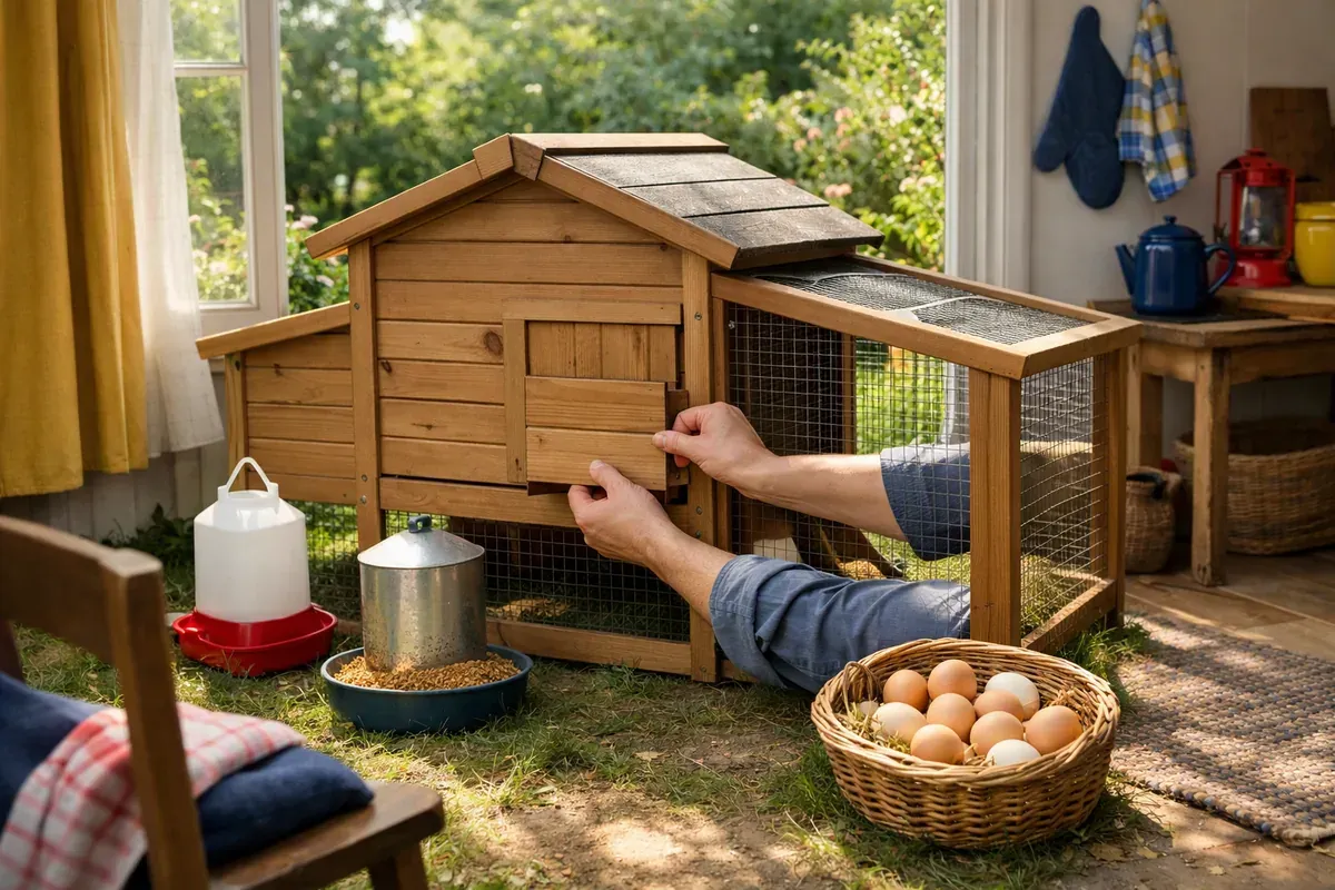 Poulailler en bois installé dans un jardin familial, avec mangeoire, abreuvoir et grillage de protection