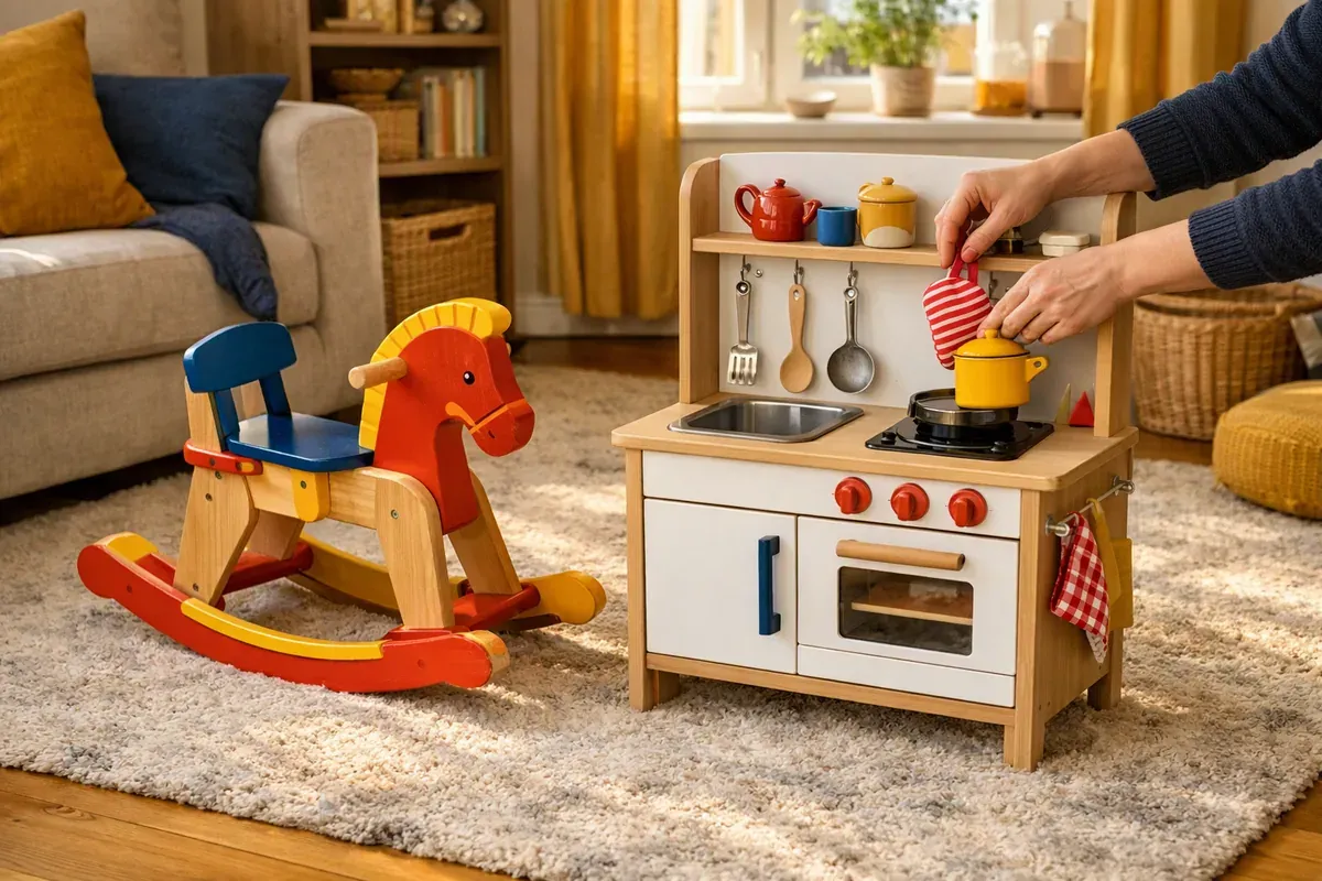 Cheval à bascule et cuisine en bois coloré Janod posés sur un tapis de salon familial, lumière naturelle.