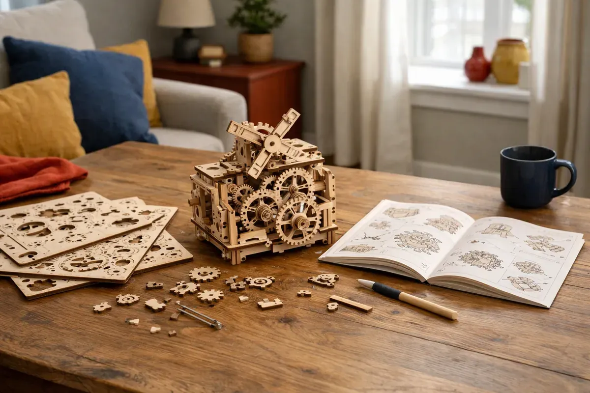 Puzzle 3D en bois avec engrenages visibles, pièces triées sur une table en bois, notice ouverte à côté