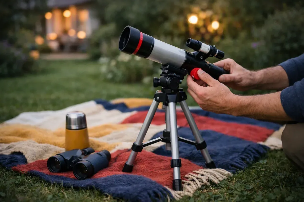 Télescope et jumelles posés sur une couverture dans un jardin au crépuscule, prêts pour une observation du ciel