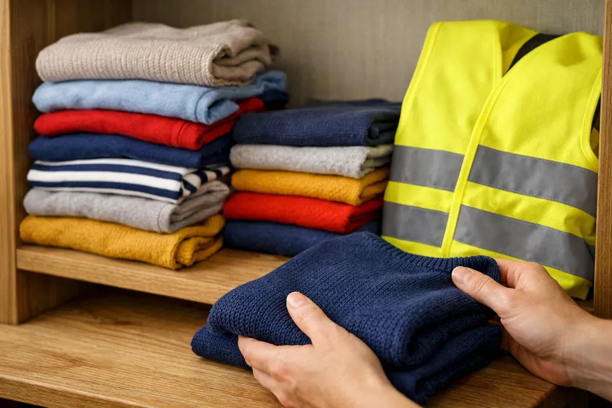 Vêtements d'enfant de couleurs variées pliés sur une étagère, à côté d'un gilet jaune réfléchissant et de chaussures colorées.
