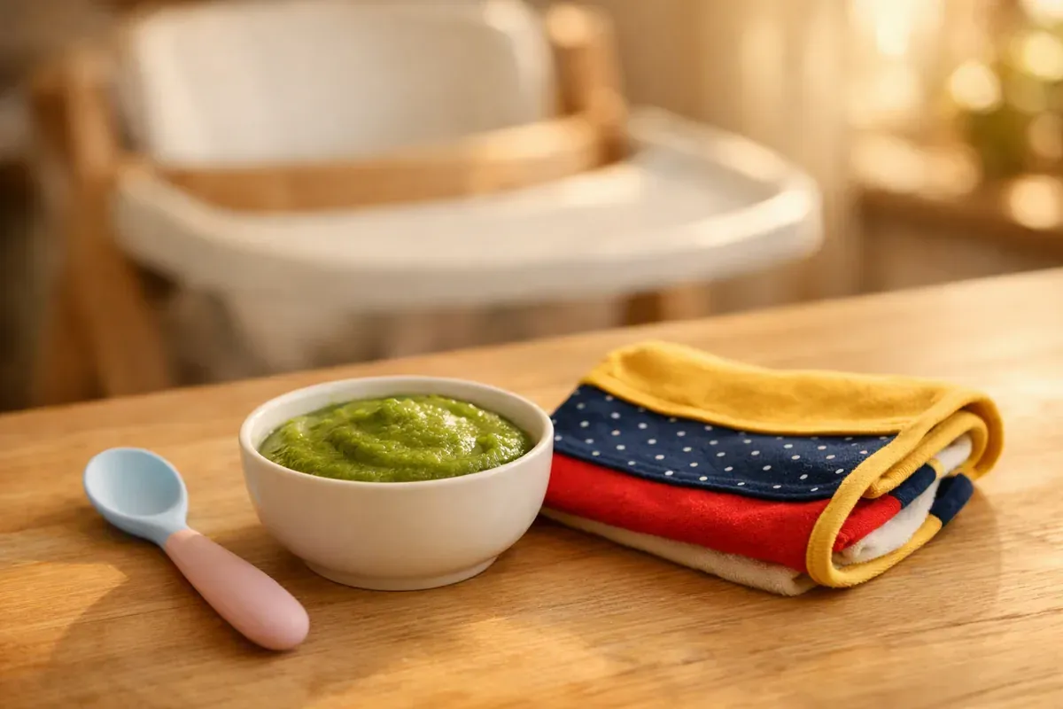 Petit pot de purée de légumes, cuillère en silicone et bavoir posés sur une table de cuisine en bois