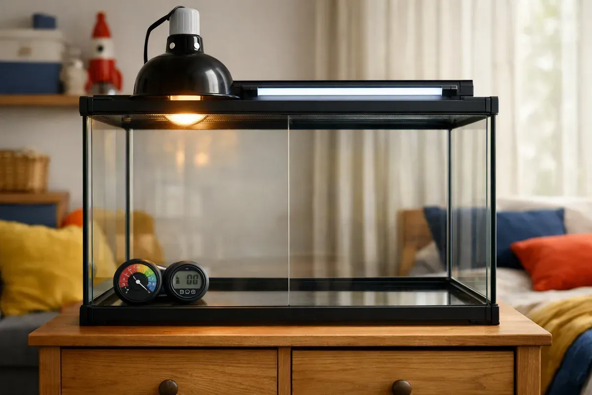 Terrarium en verre équipé d'une lampe chauffante et d'une rampe UVB, sur un meuble de chambre d'enfant