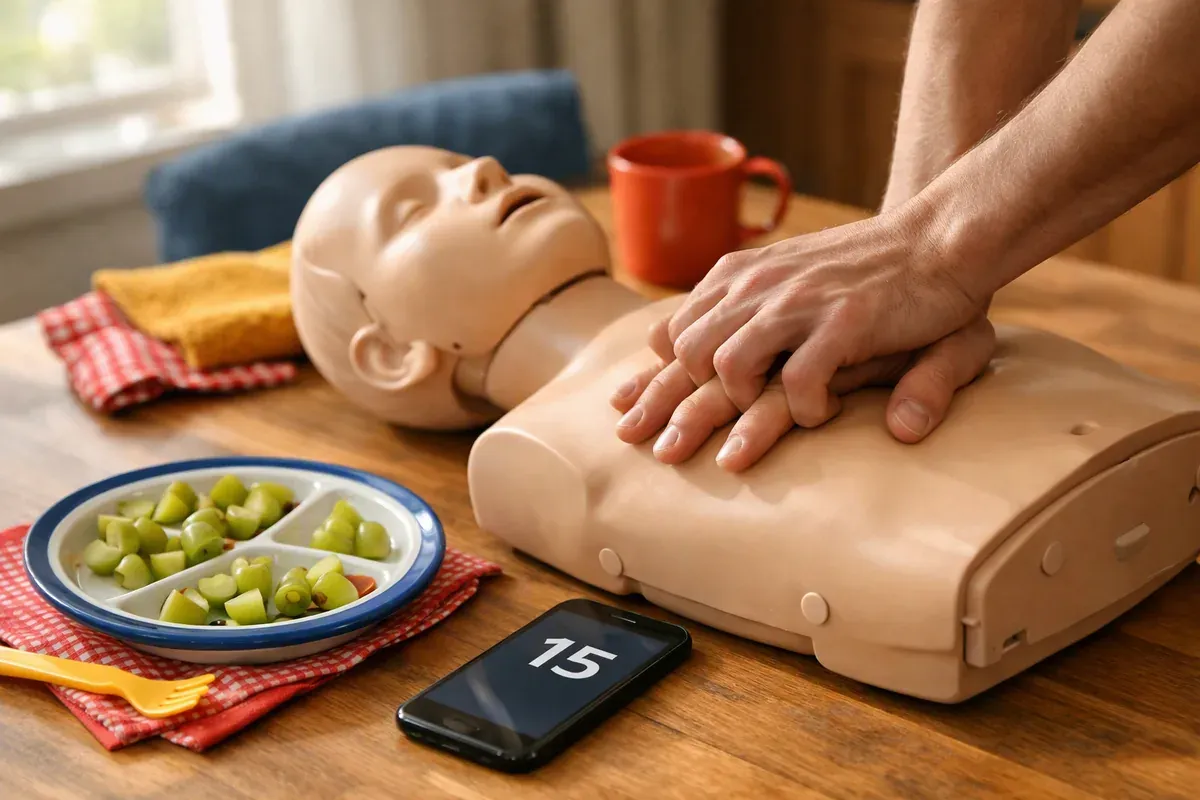 Mains d'adulte positionnées sur un mannequin de formation aux premiers secours, raisins coupés en quatre posés à côté sur une table de cuisine.