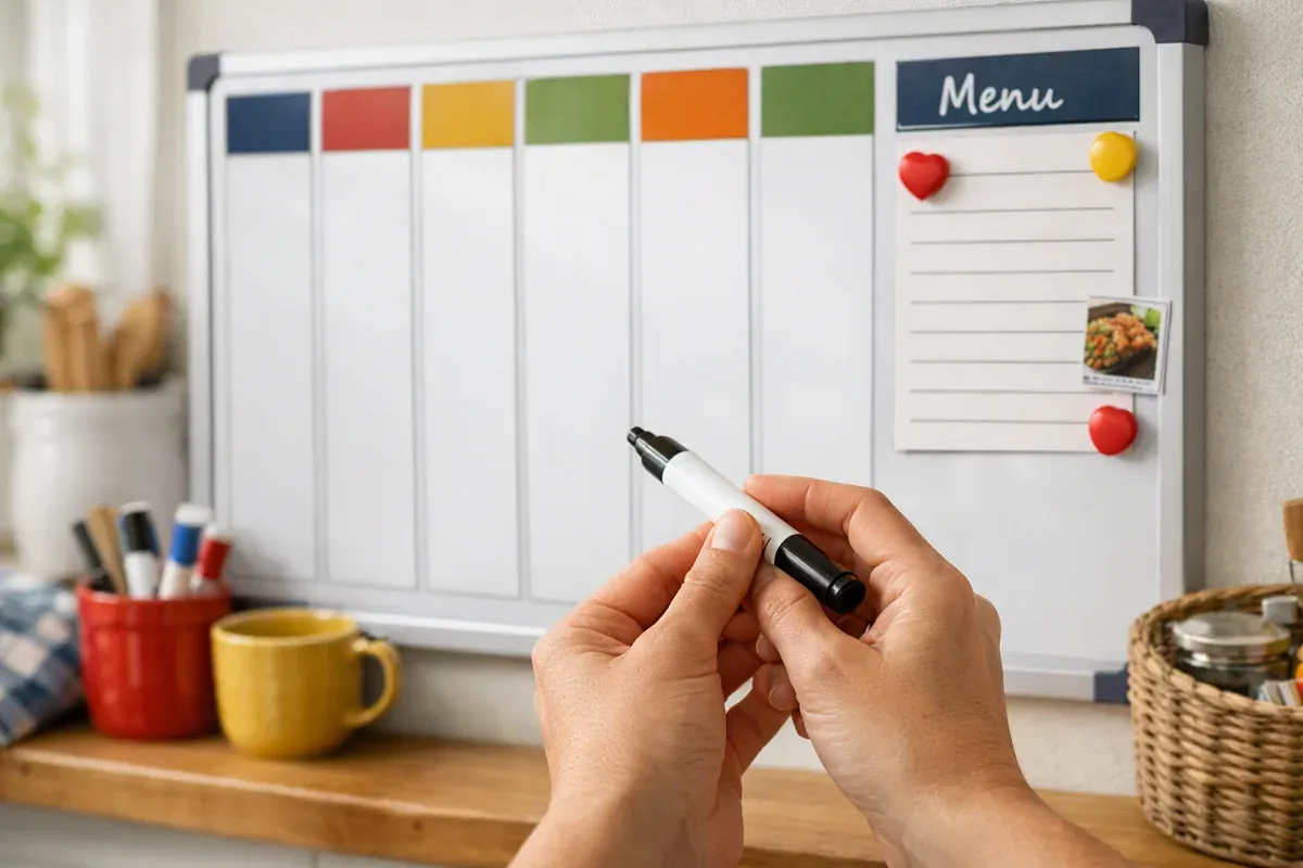 Tableau blanc de planning familial affiché dans une cuisine, avec menu de la semaine et feutres colorés