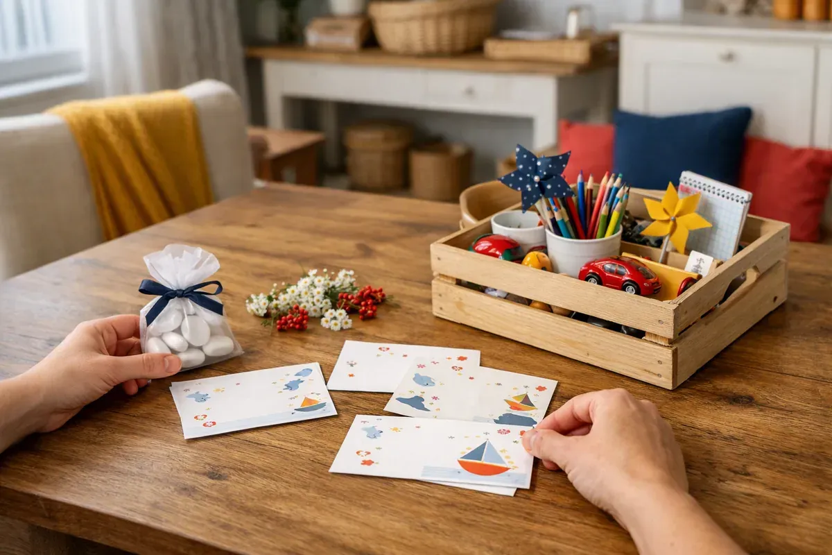 Table de fête avec faire-part de baptême, dragées, fleurs et petite boîte à jeux préparée pour les enfants invités