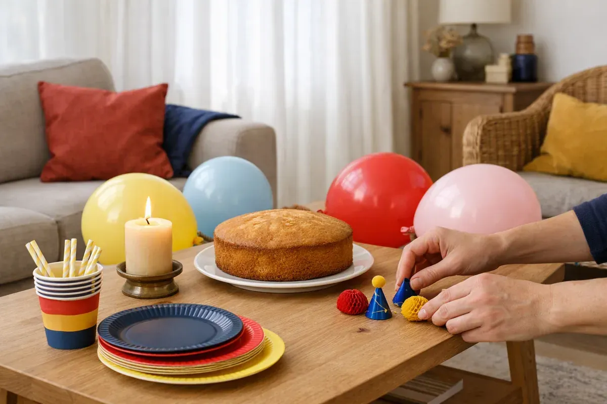 Petit gâteau nature, bougie en cire et ballons pastel sur une table, mains d'adulte disposant les assiettes.