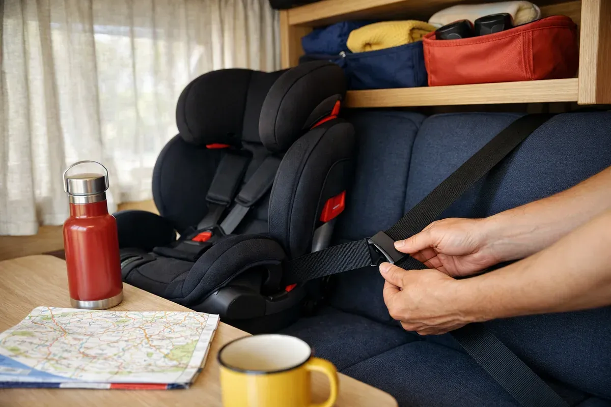 Intérieur aménagé d'un van familial avec rangements ouverts, siège auto sanglé et carte routière dépliée sur la table
