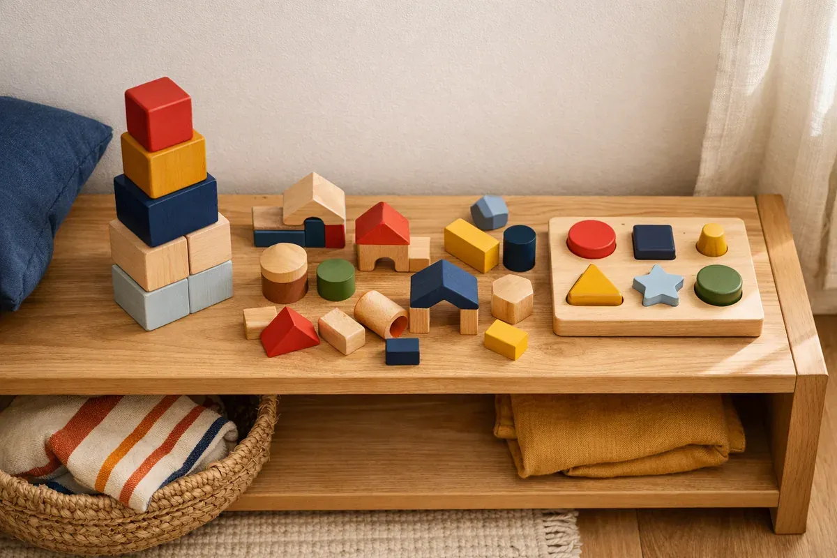 Cubes en bois, blocs de construction et jeu d'encastrement rangés sur une étagère basse dans une chambre d'enfant
