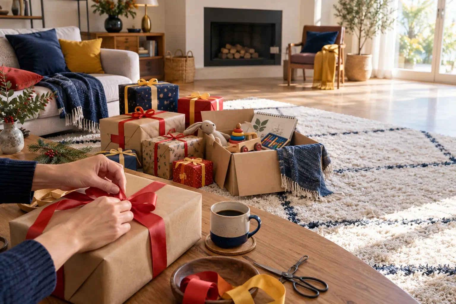 Paquets cadeaux noués de rubans rouges et jaunes sur un tapis de salon, avec des jouets en bois et des pastels