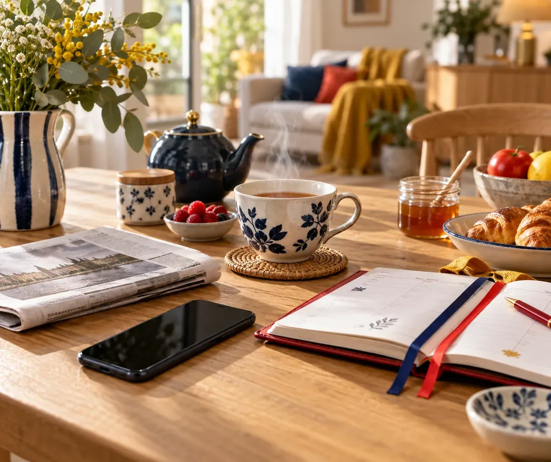 Journal plié, tasse de thé et agenda familial ouvert sur une table de petit-déjeuner