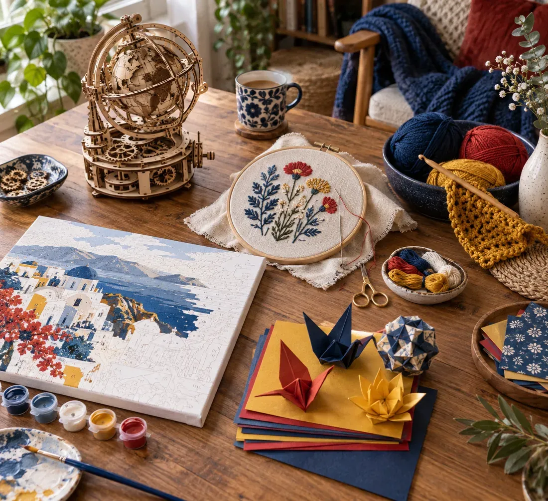 Kits créatifs sur une table : puzzle 3D en bois, broderie sur tambour, pelotes de laine et origami