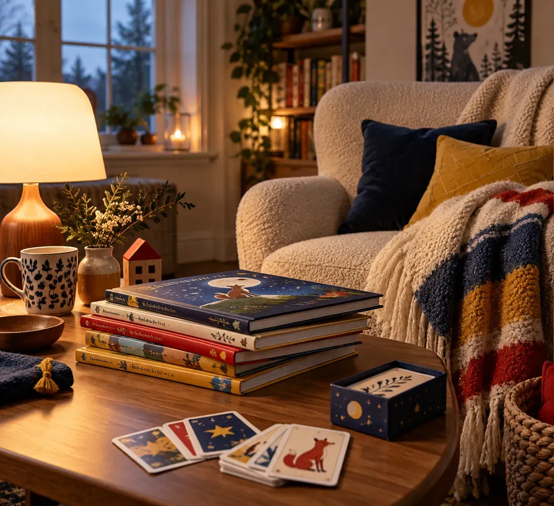 Pile de livres illustrés, jeu de cartes et lampe de chevet allumée pour une lecture du soir en famille