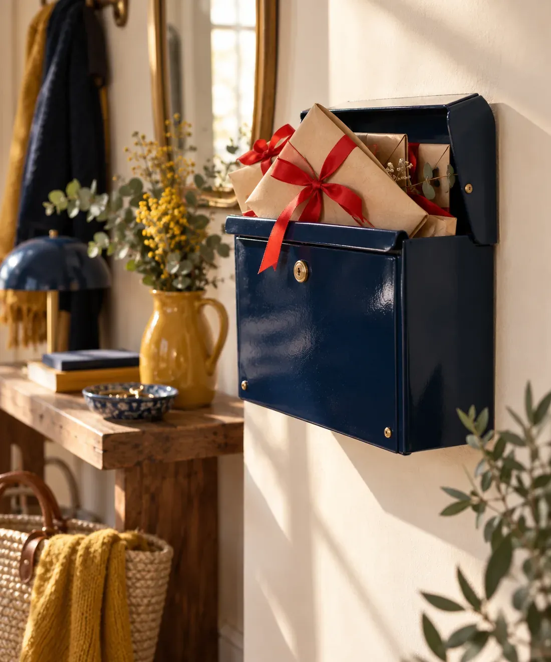 Boîte aux lettres bleu nuit d'où dépassent des enveloppes kraft nouées d'un ruban rouge